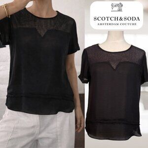 Scotch & Soda Black Short Sleeve Drapey Blouse With Mesh Details